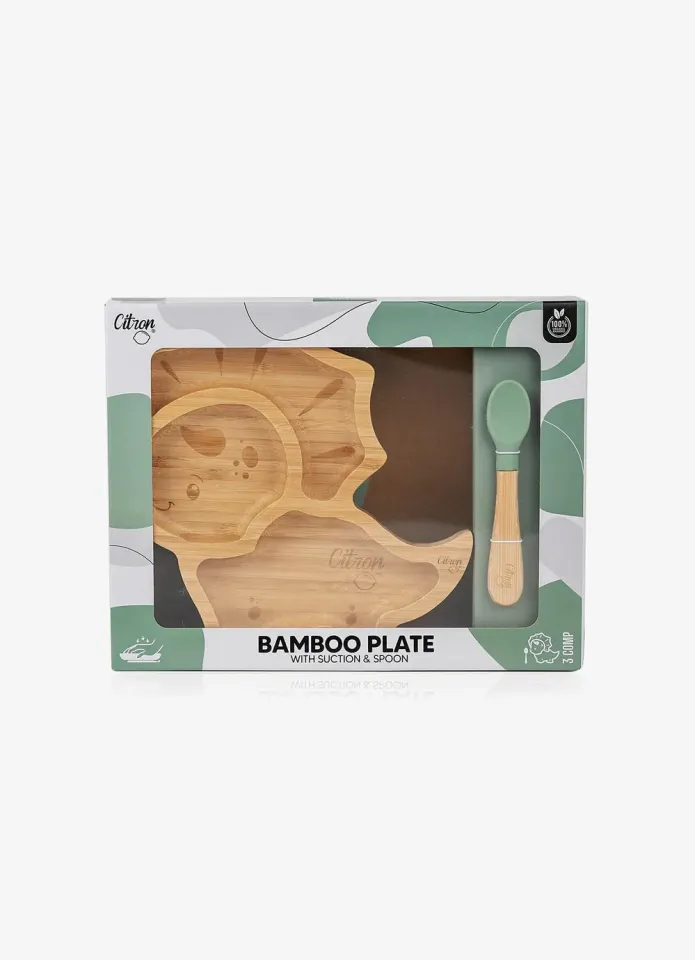 Citron Bölmeli Vakum Tabanlı Organik Bambu Çocuk Yemek Takımı - Dino