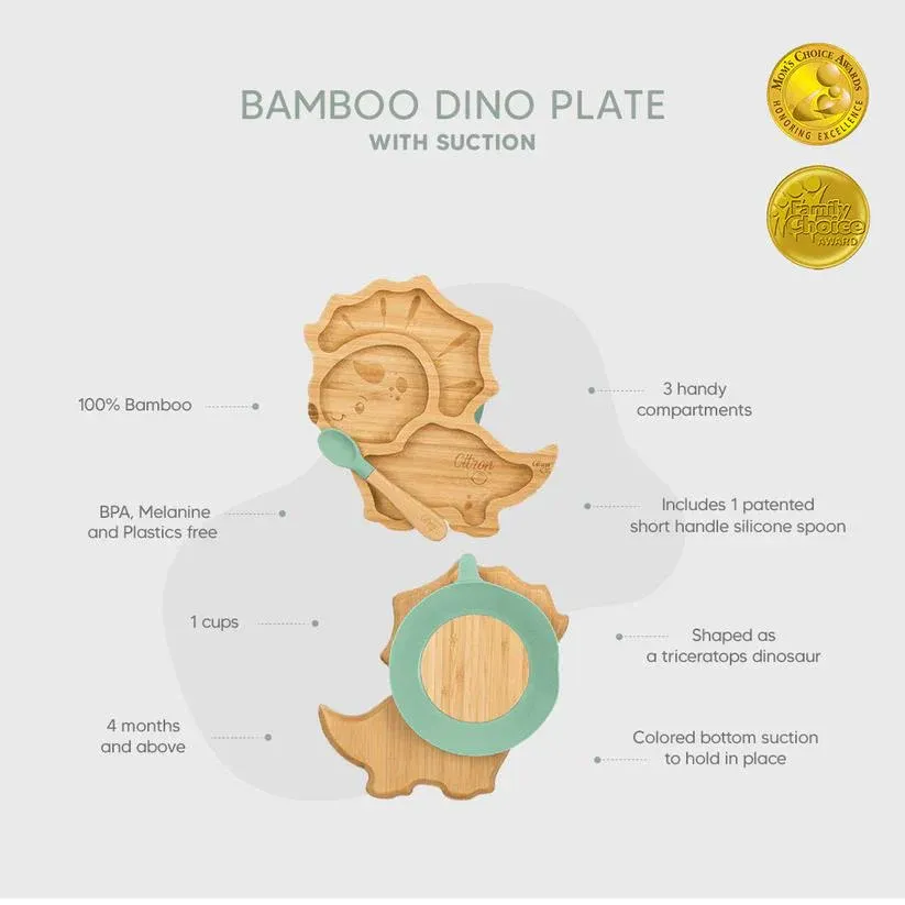 Citron Bölmeli Vakum Tabanlı Organik Bambu Çocuk Yemek Takımı - Dino