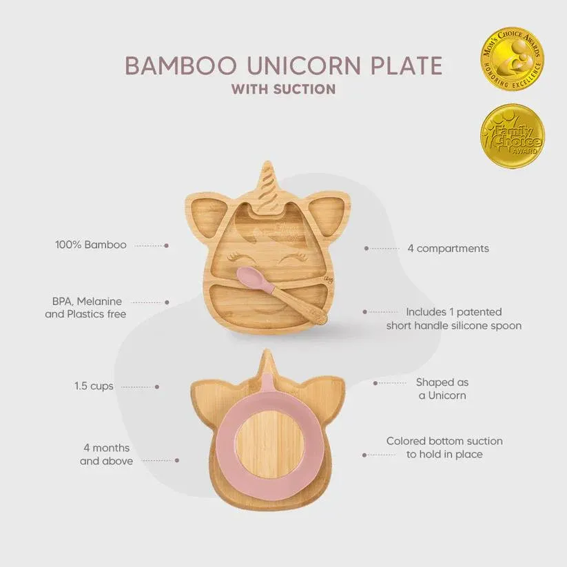 Citron Bölmeli Vakum Tabanlı Organik Bambu Çocuk Yemek Takımı - Unicorn