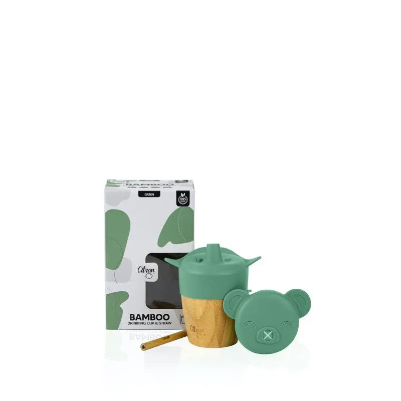 Citron 2'si 1 Arada Kapaklı ve Pipetli Organik Bambu Alıştırma Bardağı - Green