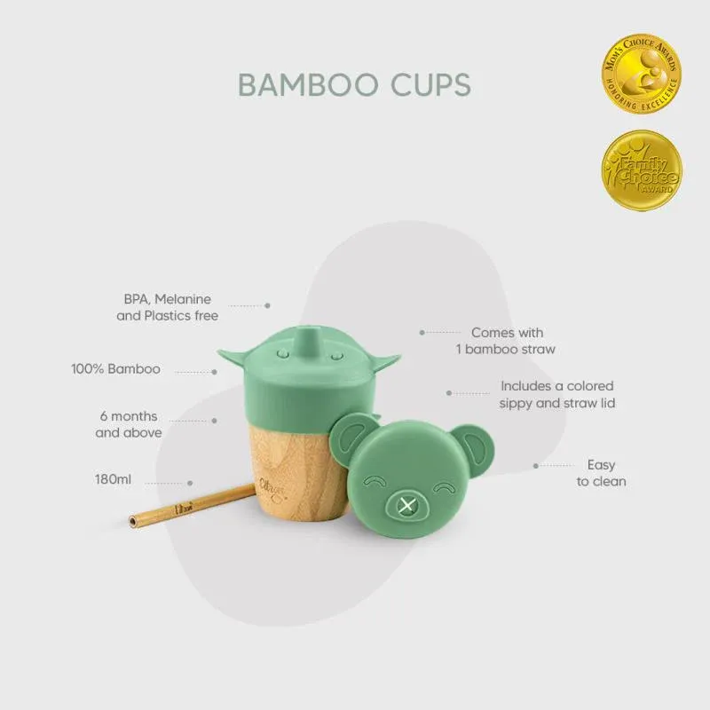 Citron 2'si 1 Arada Kapaklı ve Pipetli Organik Bambu Alıştırma Bardağı - Green