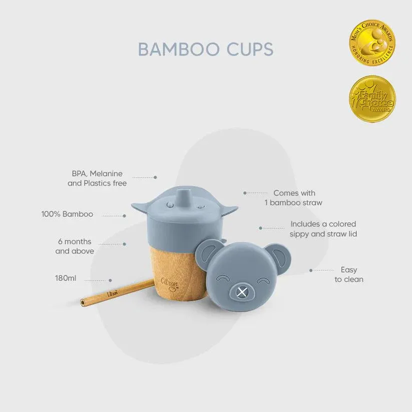 Citron 2'si 1 Arada Kapaklı ve Pipetli Organik Bambu Alıştırma Bardağı - Blue