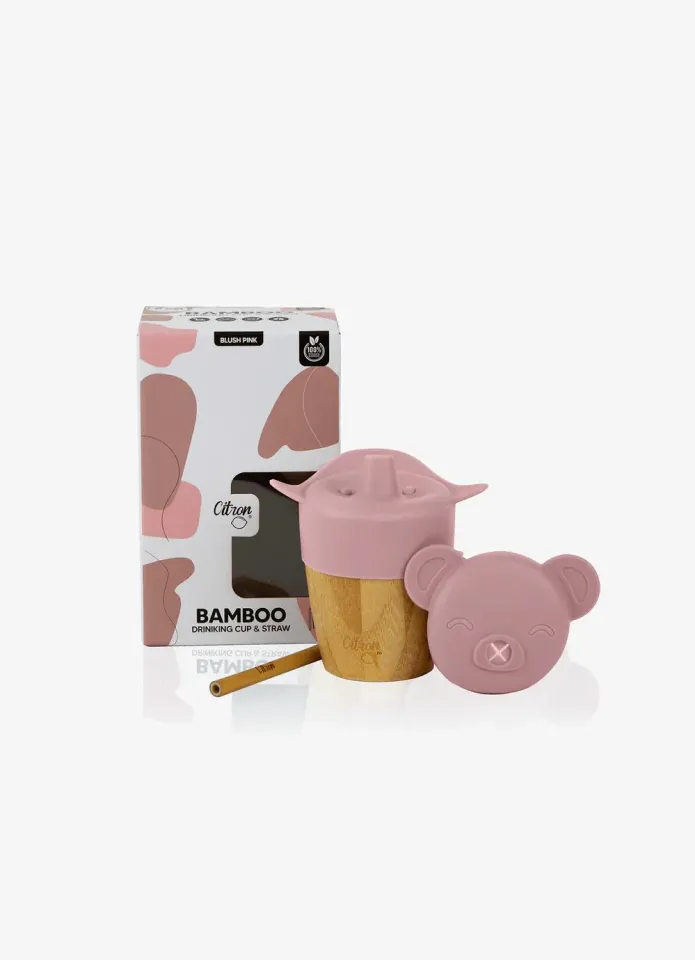 Citron 2'si 1 Arada Kapaklı ve Pipetli Organik Bambu Alıştırma Bardağı - Pink