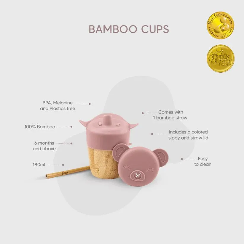 Citron 2'si 1 Arada Kapaklı ve Pipetli Organik Bambu Alıştırma Bardağı - Pink